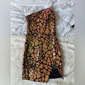 One-Shoulder Iridescent Sequence Mini Dress